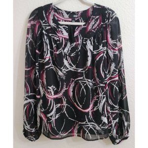 A.NA. Black Pink & White Long Sleeve Lined Sheer Blouse sz L